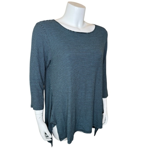 Comfy USA Striped Top Tunic L Sharkbite Hem 3/4 Sleeve Blue Black - Picture 5 of 9